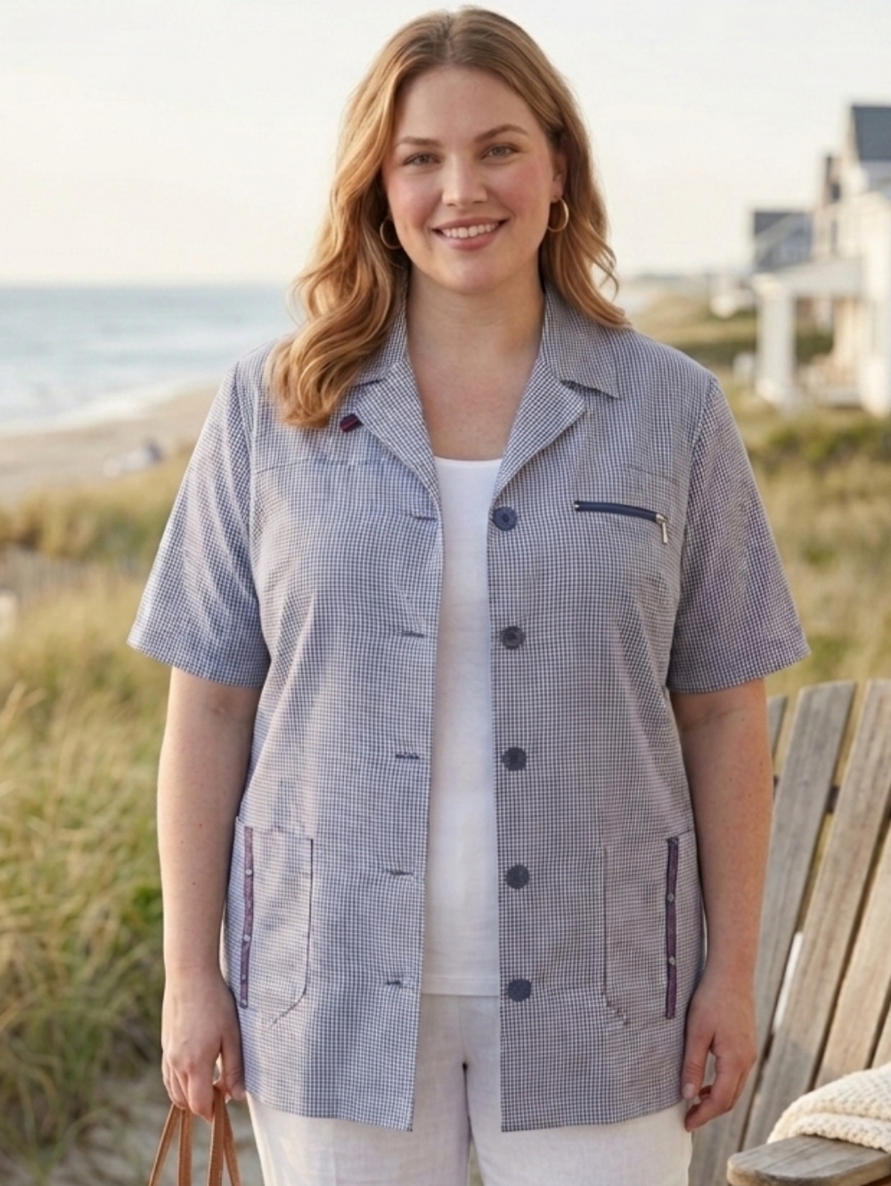 Femme Active Blue Gingham Utility Blouse, Coastal Grandma, Nautical Chic,Size 16